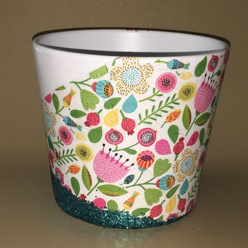 Floral pink and green decoupage 14cm white glazed pot - Made in Lismore
