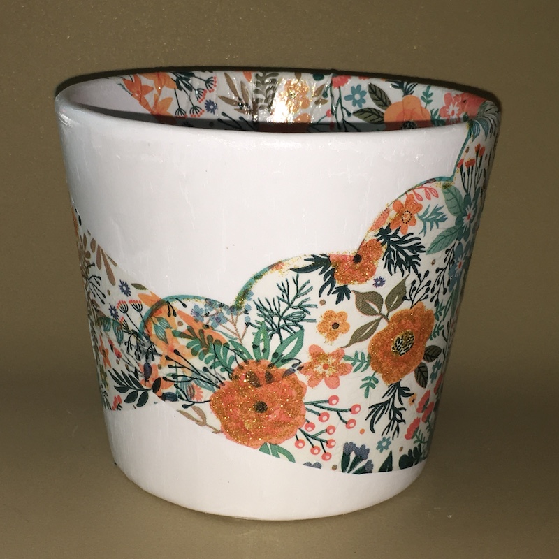 Floral apricot and blue decoupage 14cm white glazed pot - Image 2