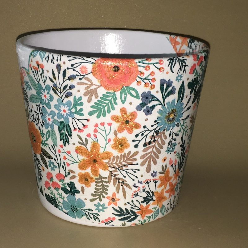 Floral apricot and blue decoupage 14cm white glazed pot