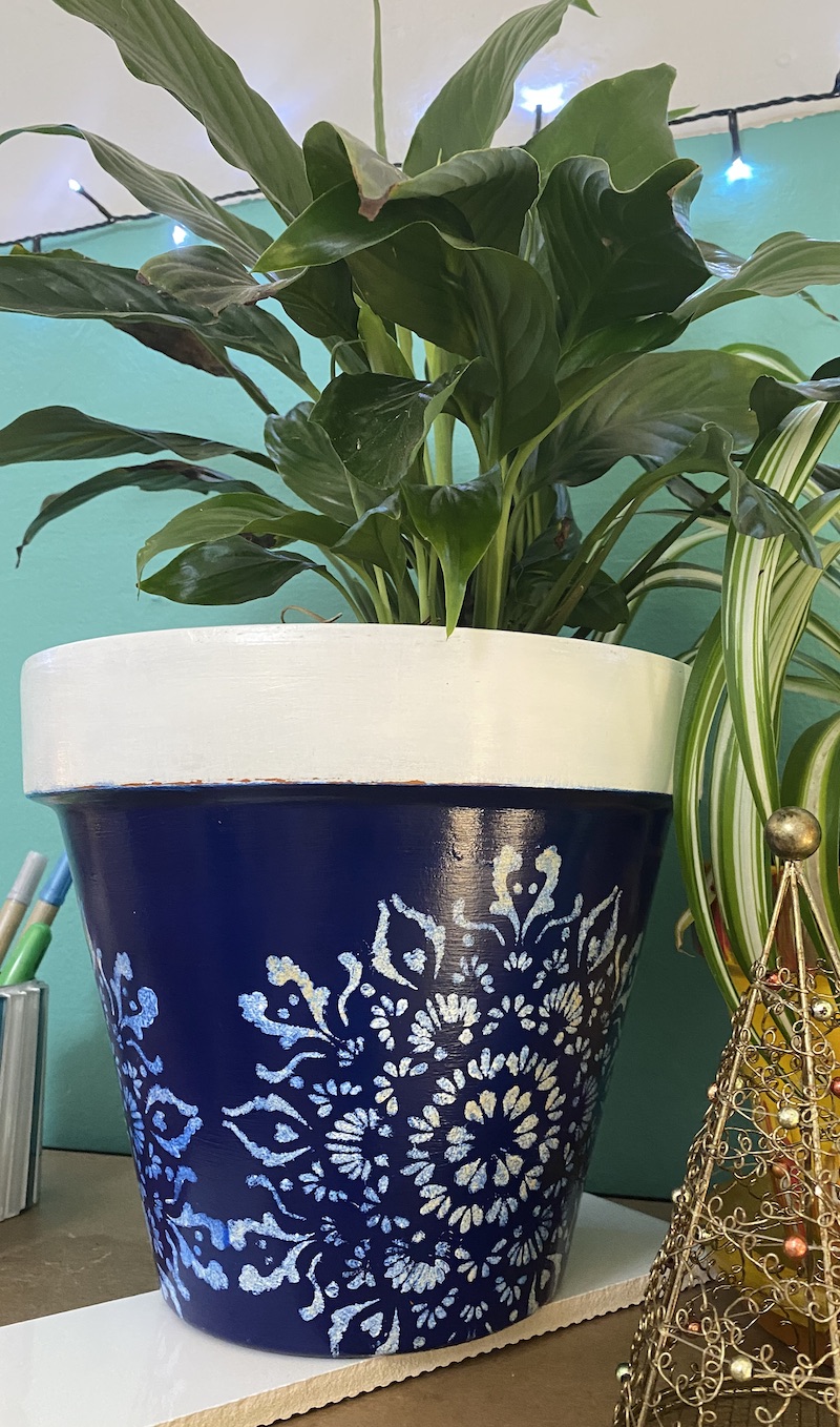 Navy Stencilled 25cm Terracotta Pot