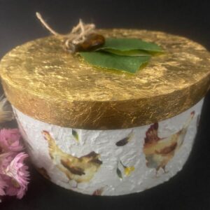 Upcyled ply lidded container, decoupaged with chickens. Made in Lismore